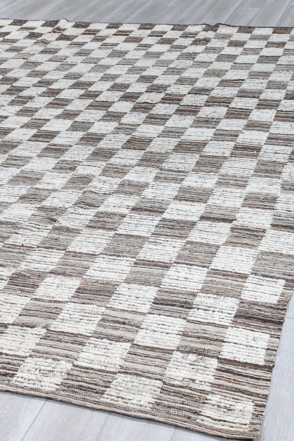 9' x 12' one-of-a-kind handmade vintage Tulu large size rug. Color palette: ivory, taupe, brown, cream, beige, gray