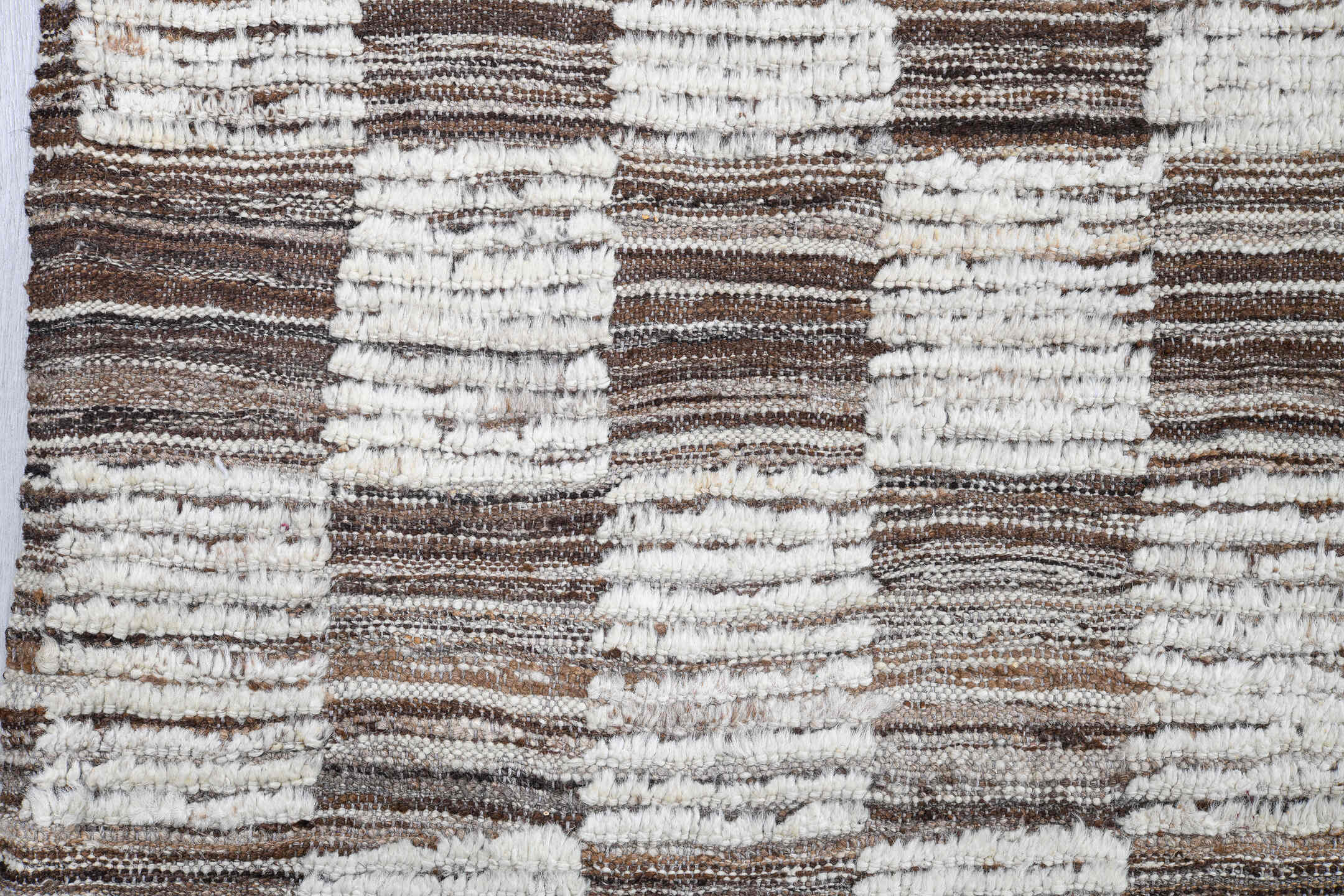 9' x 12' one-of-a-kind handmade vintage Tulu large size rug. Color palette: ivory, taupe, brown, cream, beige, gray
