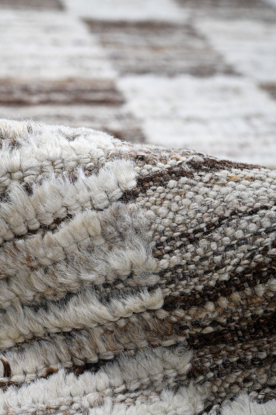9' x 12' one-of-a-kind handmade vintage Tulu large size rug. Color palette: ivory, taupe, brown, cream, beige, gray