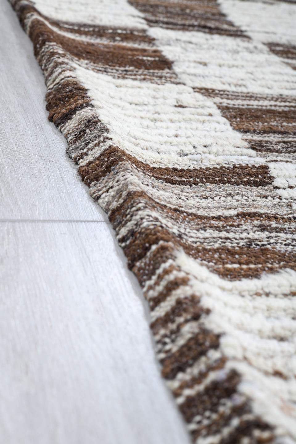 9' x 12' one-of-a-kind handmade vintage Tulu large size rug. Color palette: ivory, taupe, brown, cream, beige, gray