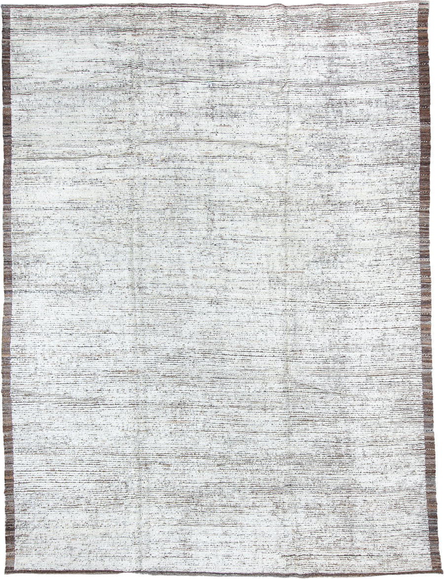 9' x 12' one-of-a-kind handmade vintage Tulu large size rug. Color palette: ivory, brown, taupe, charcoal, beige, gray