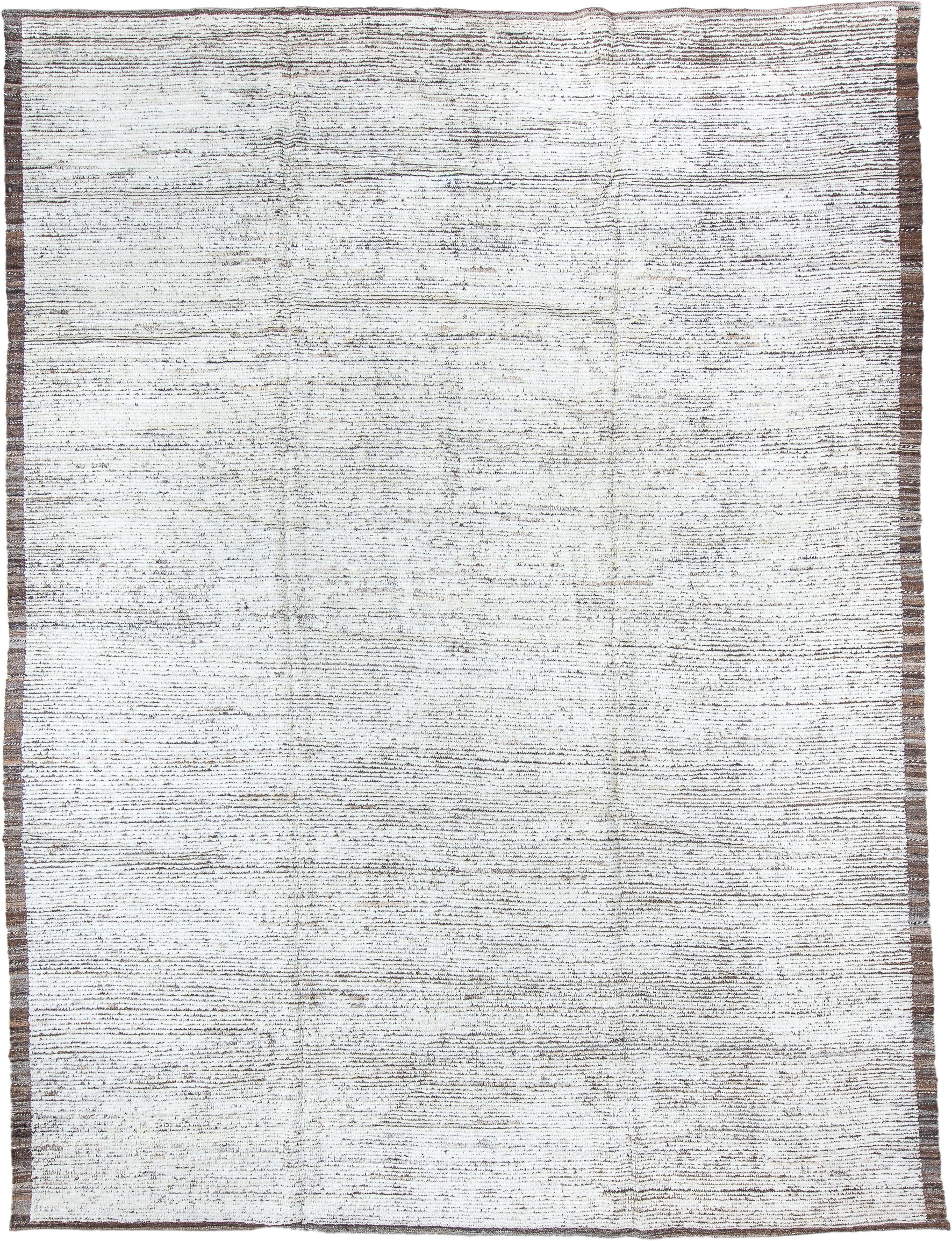 9' x 12' one-of-a-kind handmade vintage Tulu large size rug. Color palette: ivory, brown, taupe, charcoal, beige, gray
