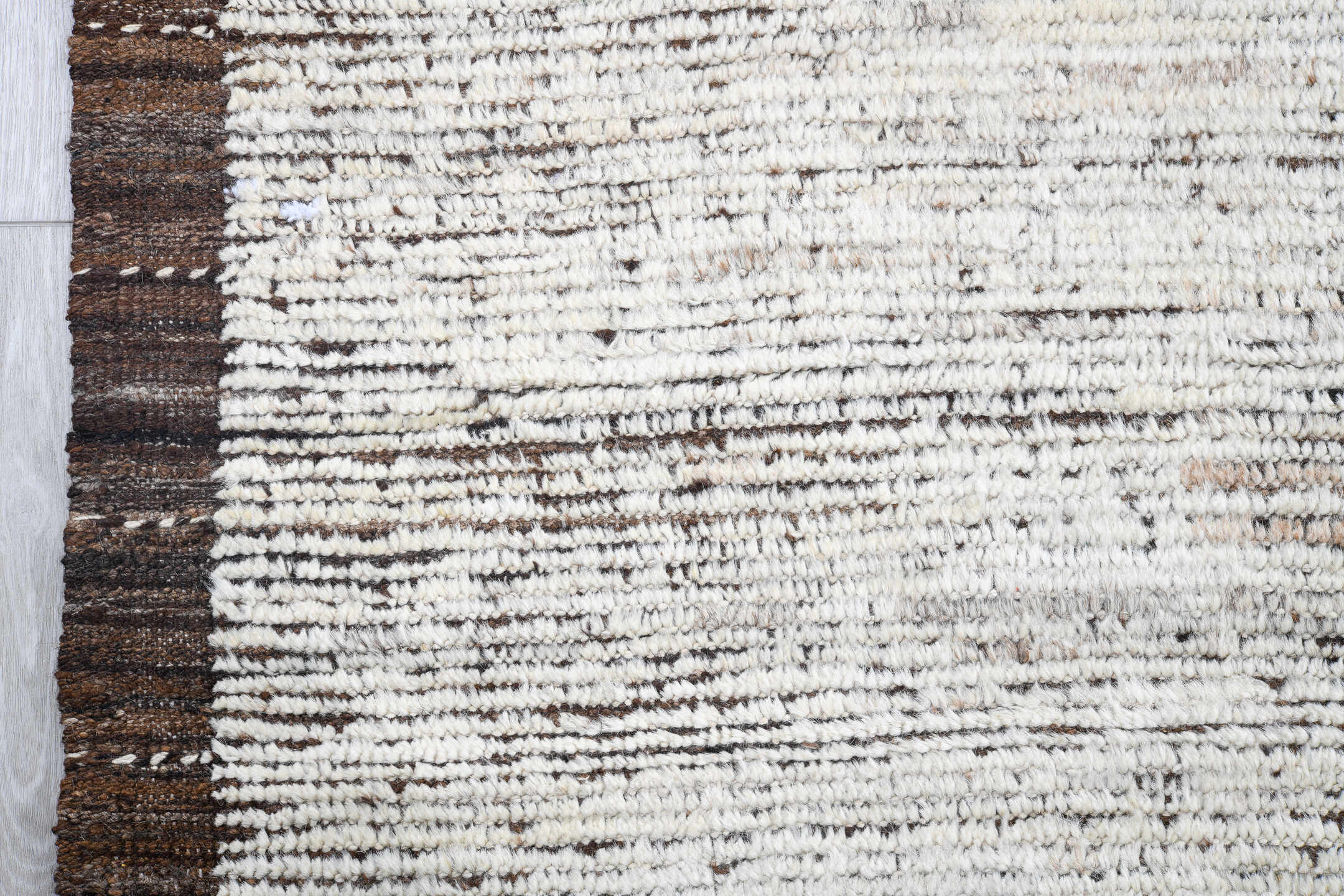 9' x 12' one-of-a-kind handmade vintage Tulu large size rug. Color palette: ivory, brown, taupe, charcoal, beige, gray