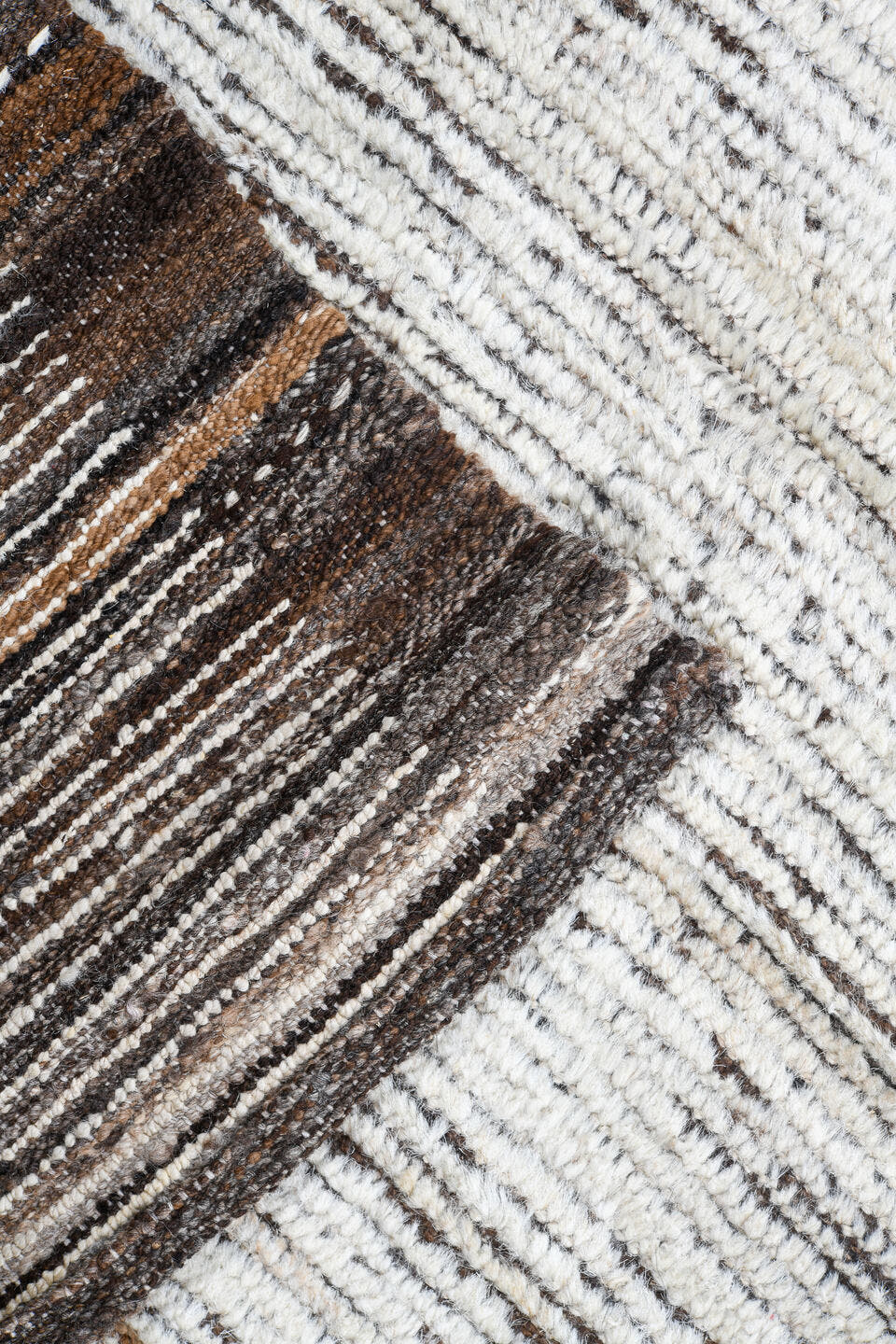 9' x 12' one-of-a-kind handmade vintage Tulu large size rug. Color palette: ivory, brown, taupe, charcoal, beige, gray