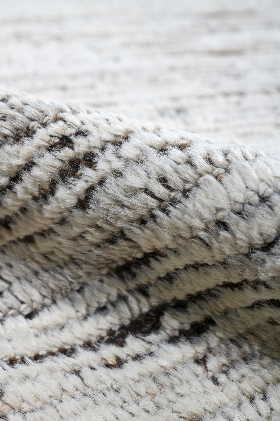 9' x 12' one-of-a-kind handmade vintage Tulu large size rug. Color palette: ivory, brown, taupe, charcoal, beige, gray