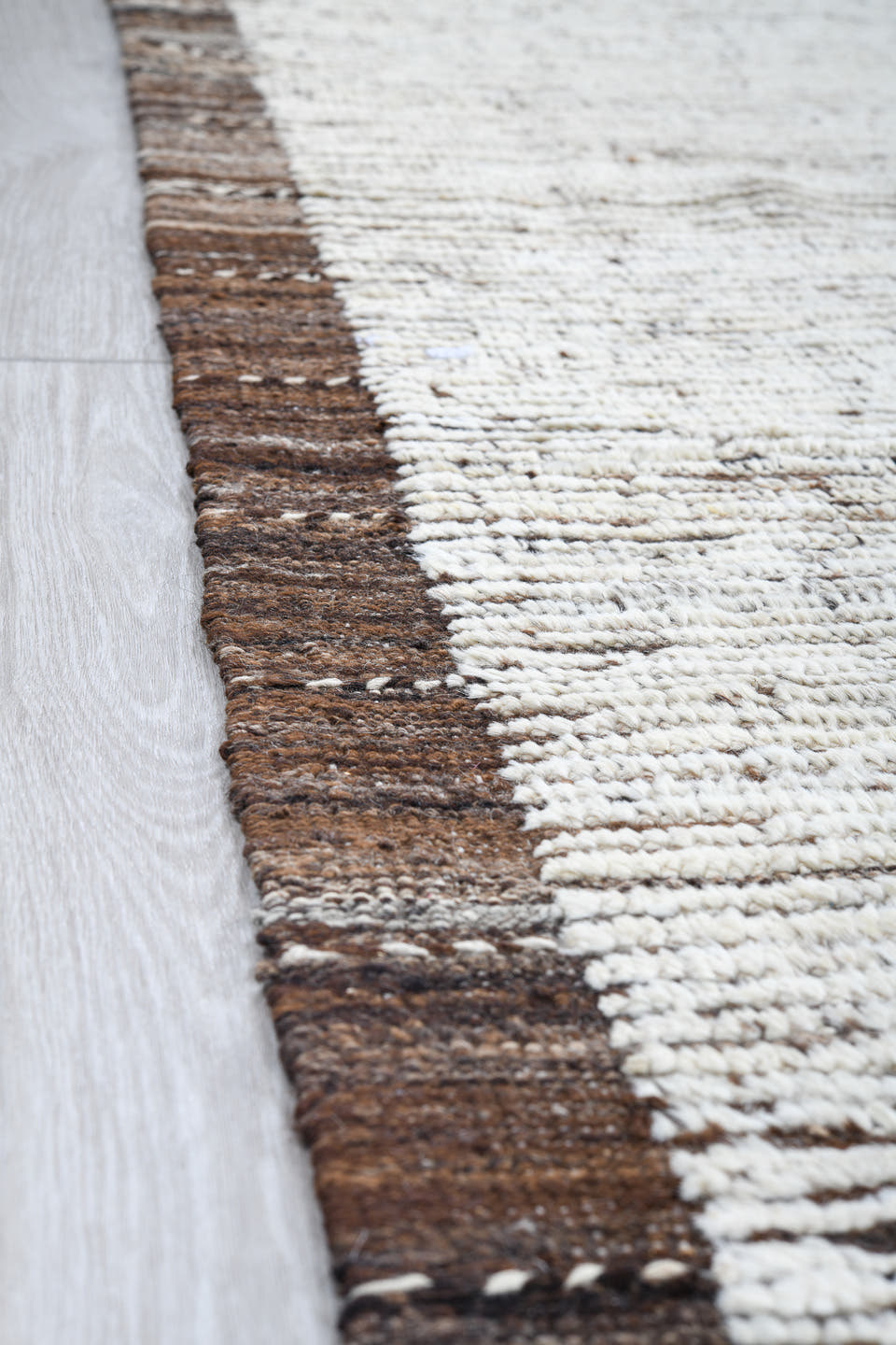 9' x 12' one-of-a-kind handmade vintage Tulu large size rug. Color palette: ivory, brown, taupe, charcoal, beige, gray