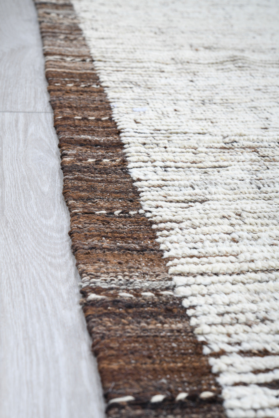 9' x 12' one-of-a-kind handmade vintage Tulu large size rug. Color palette: ivory, brown, taupe, charcoal, beige, gray