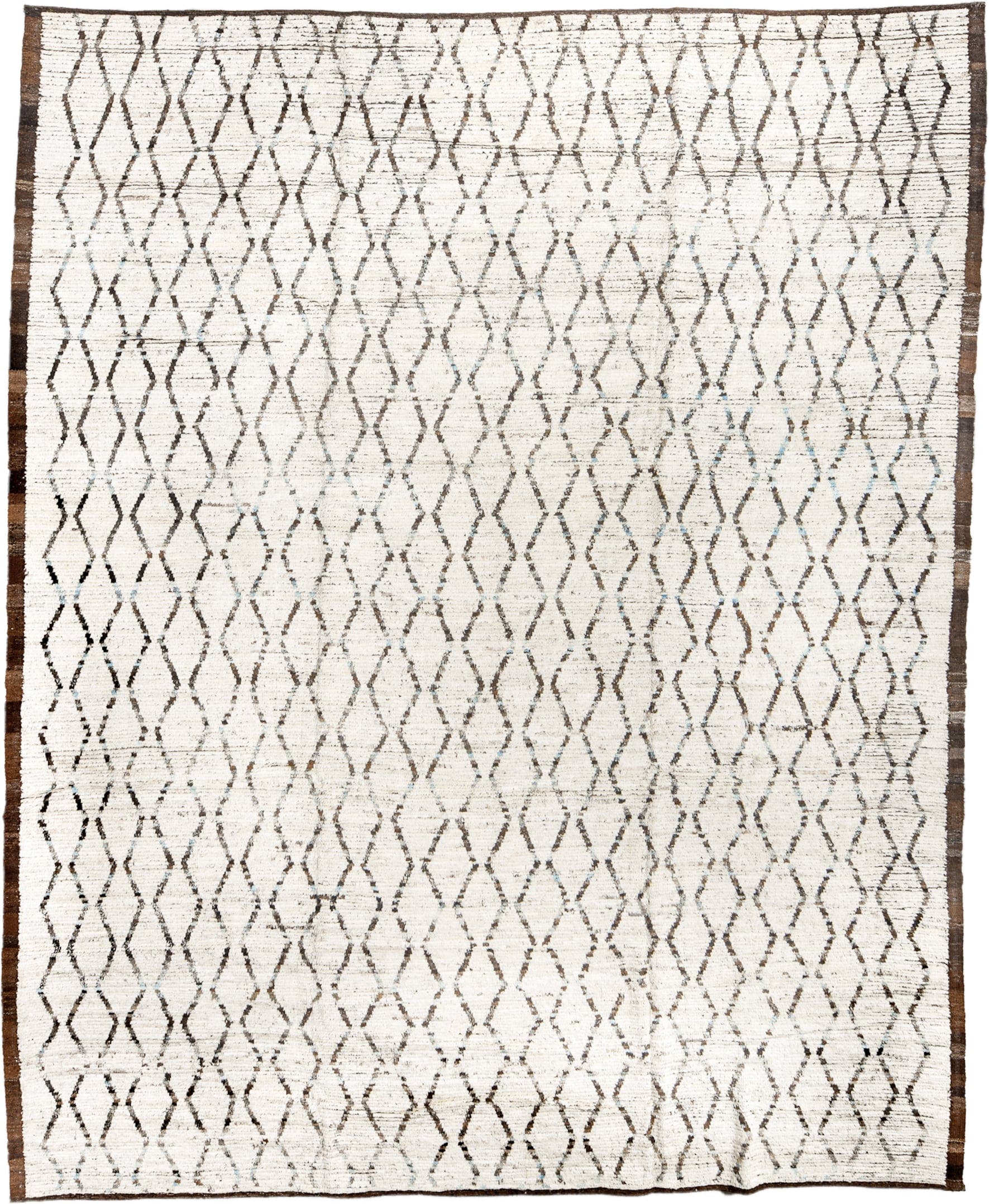 10' x 12' one-of-a-kind handmade vintage Tulu large size rug. Color palette: ivory, brown, charcoal, taupe, faint blue