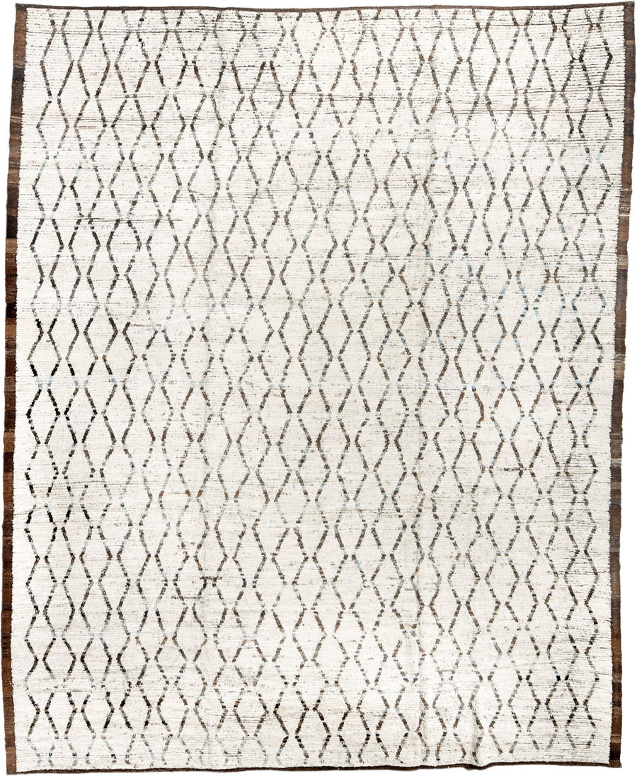 10' x 12' one-of-a-kind handmade vintage Tulu large size rug. Color palette: ivory, brown, charcoal, taupe, faint blue