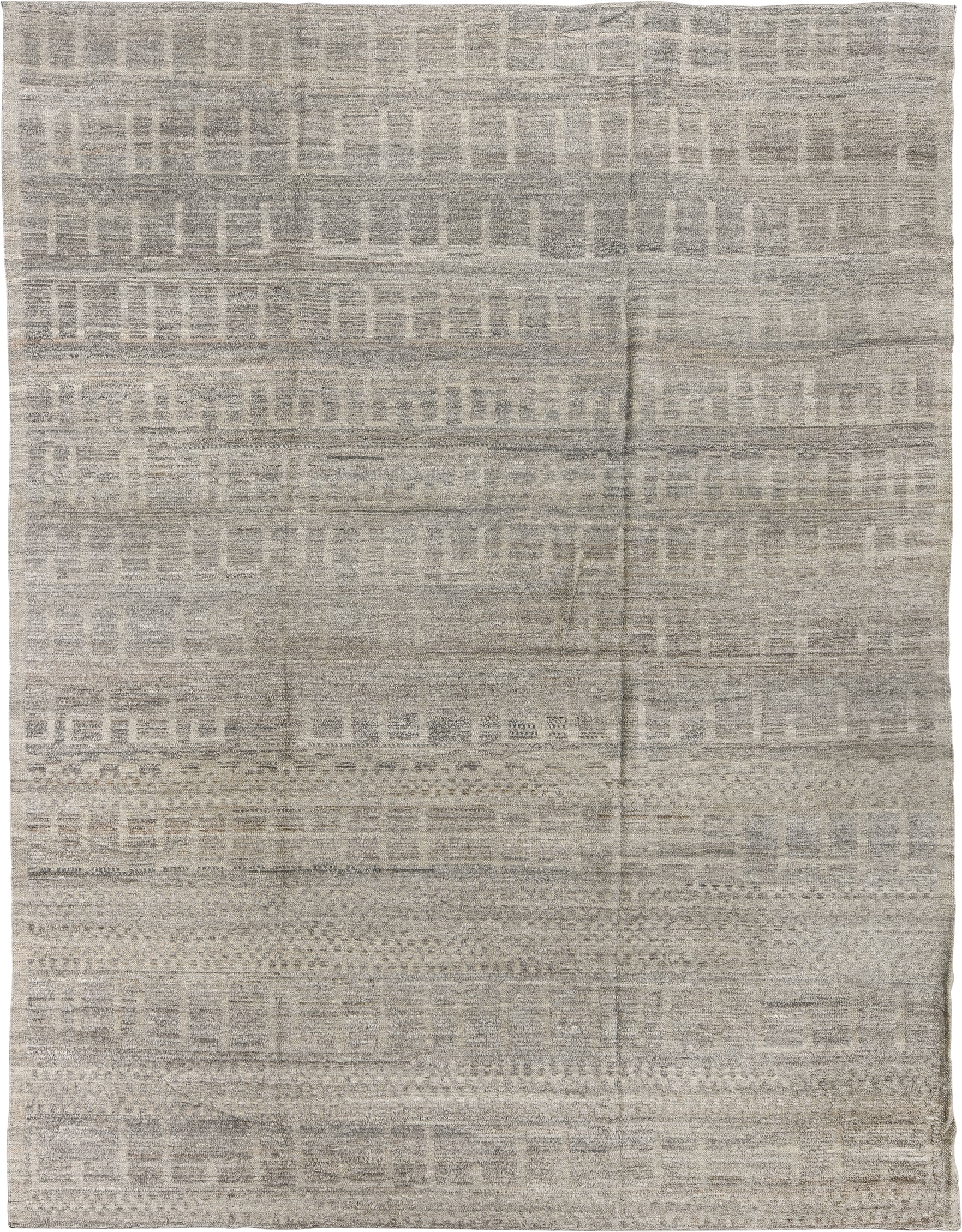 9' x 12' one-of-a-kind handmade vintage Tulu large size rug. Color palette: taupe, ivory, gray, greige, stone, beige