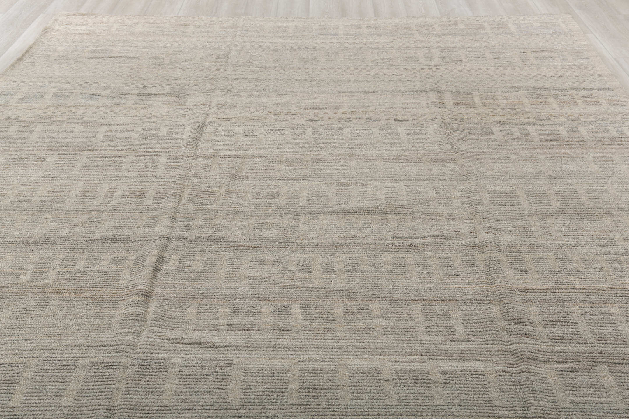 9' x 12' one-of-a-kind handmade vintage Tulu large size rug. Color palette: taupe, ivory, gray, greige, stone, beige