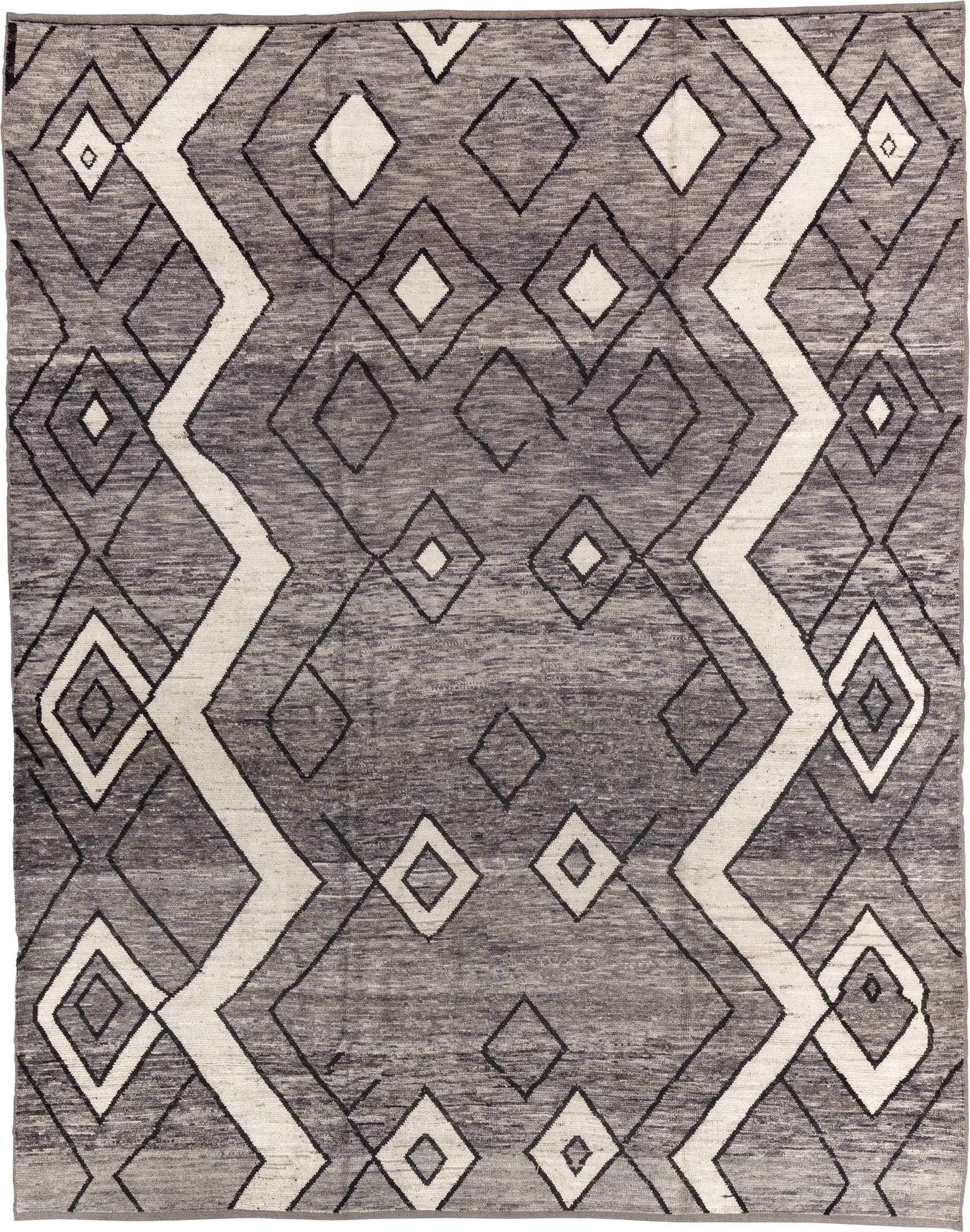 9' x 11' one-of-a-kind handmade vintage Tulu large size rug. Color palette: gray, ivory, charcoal, black