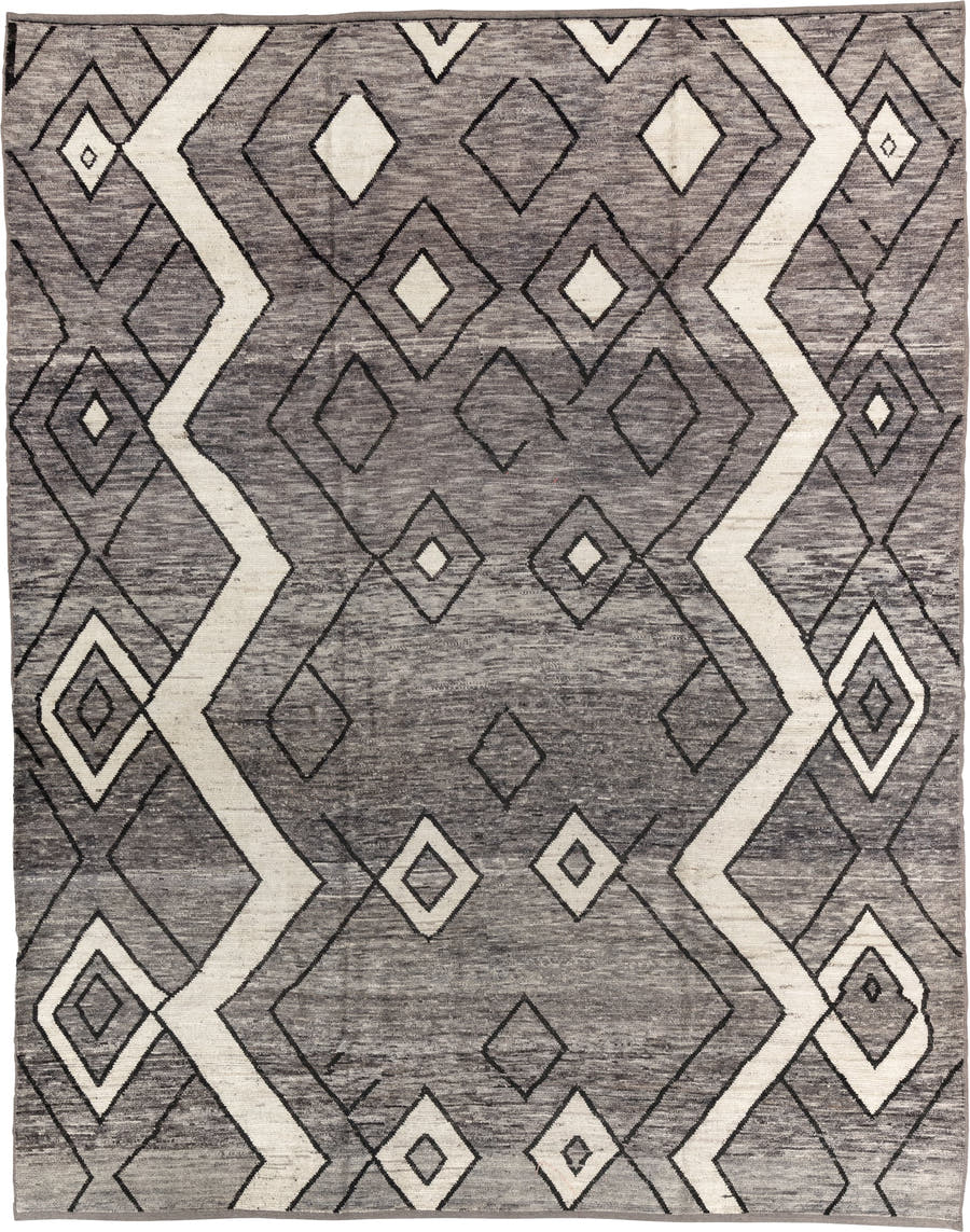 9' x 11' one-of-a-kind handmade vintage Tulu large size rug. Color palette: gray, ivory, charcoal, black