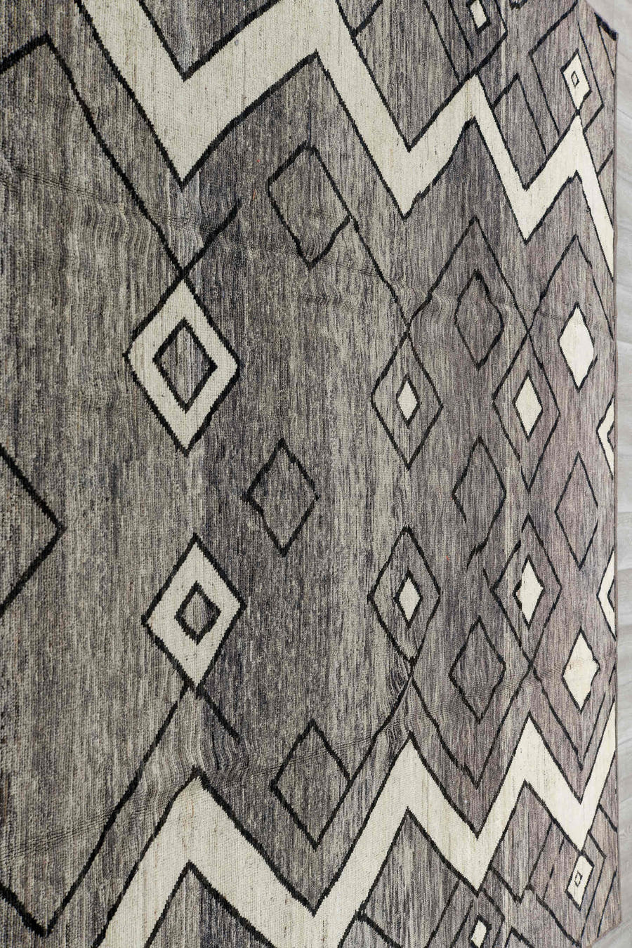 9' x 11' one-of-a-kind handmade vintage Tulu large size rug. Color palette: gray, ivory, charcoal, black