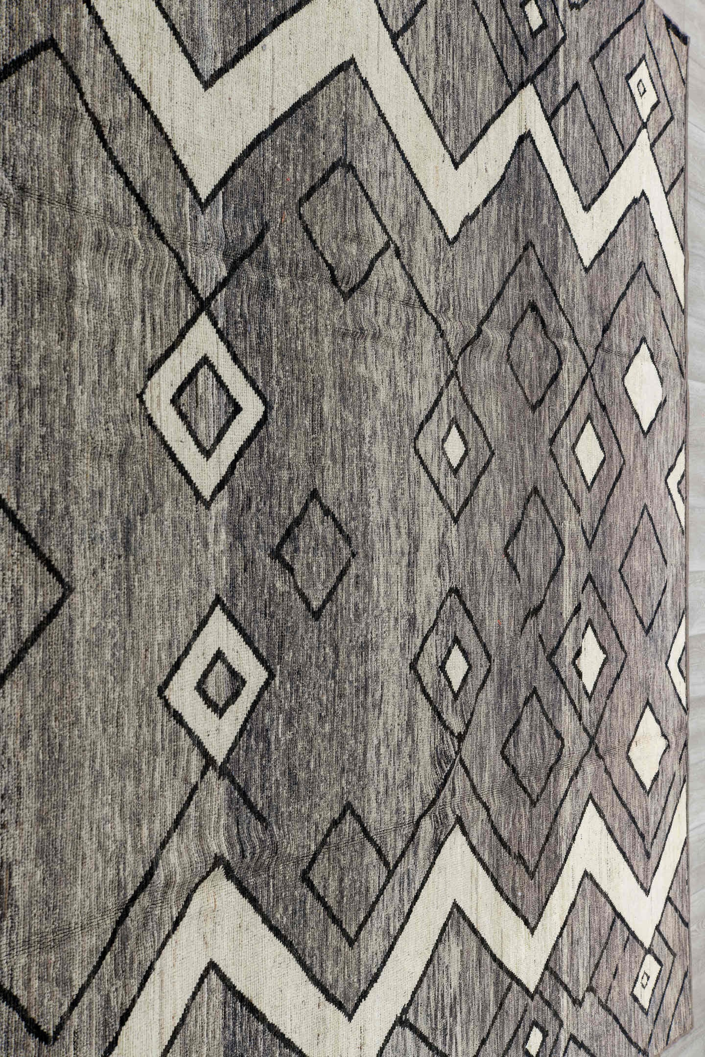 9' x 11' one-of-a-kind handmade vintage Tulu large size rug. Color palette: gray, ivory, charcoal, black
