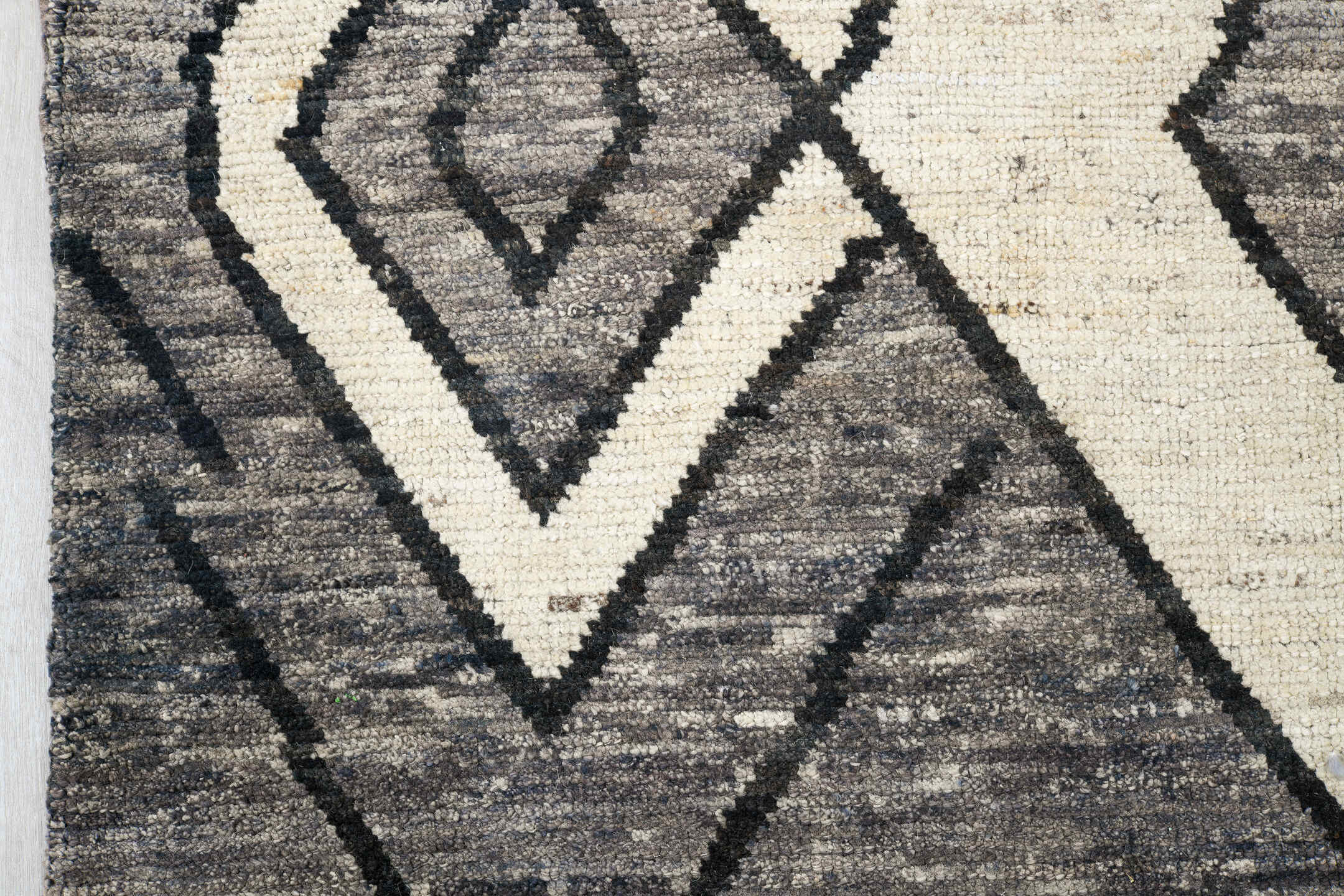9' x 11' one-of-a-kind handmade vintage Tulu large size rug. Color palette: gray, ivory, charcoal, black