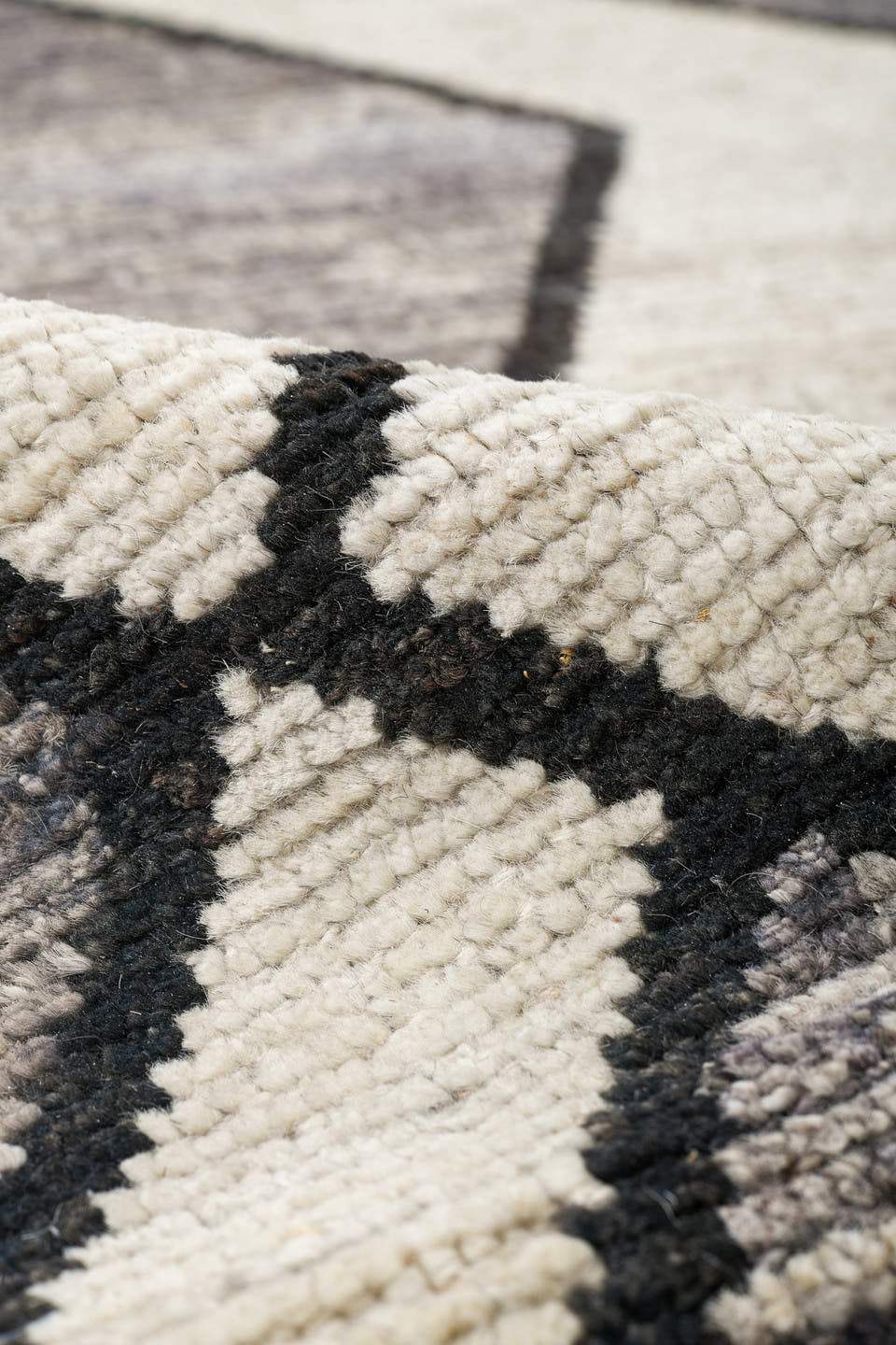 9' x 11' one-of-a-kind handmade vintage Tulu large size rug. Color palette: gray, ivory, charcoal, black