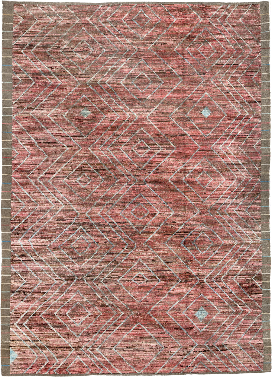 10' x 14' one-of-a-kind handmade vintage Tulu large size rug. Color palette: rose, taupe, pale aqua, dusty coral, brown