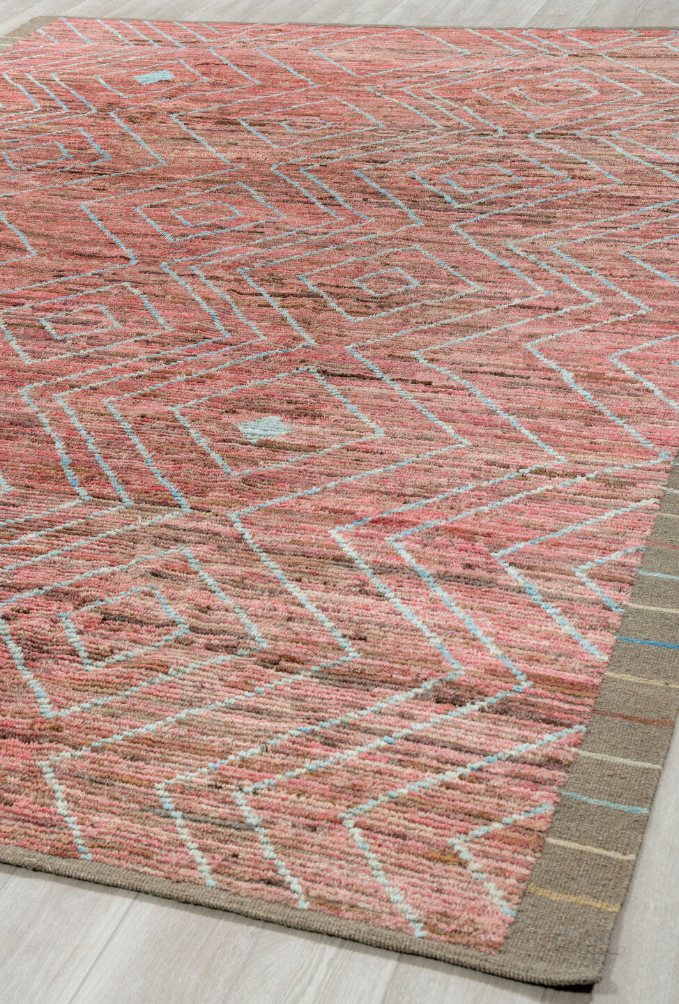 10' x 14' one-of-a-kind handmade vintage Tulu large size rug. Color palette: rose, taupe, pale aqua, dusty coral, brown