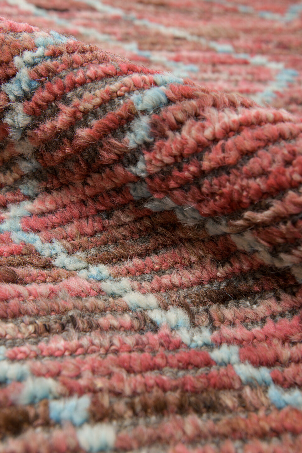 10' x 14' one-of-a-kind handmade vintage Tulu large size rug. Color palette: rose, taupe, pale aqua, dusty coral, brown