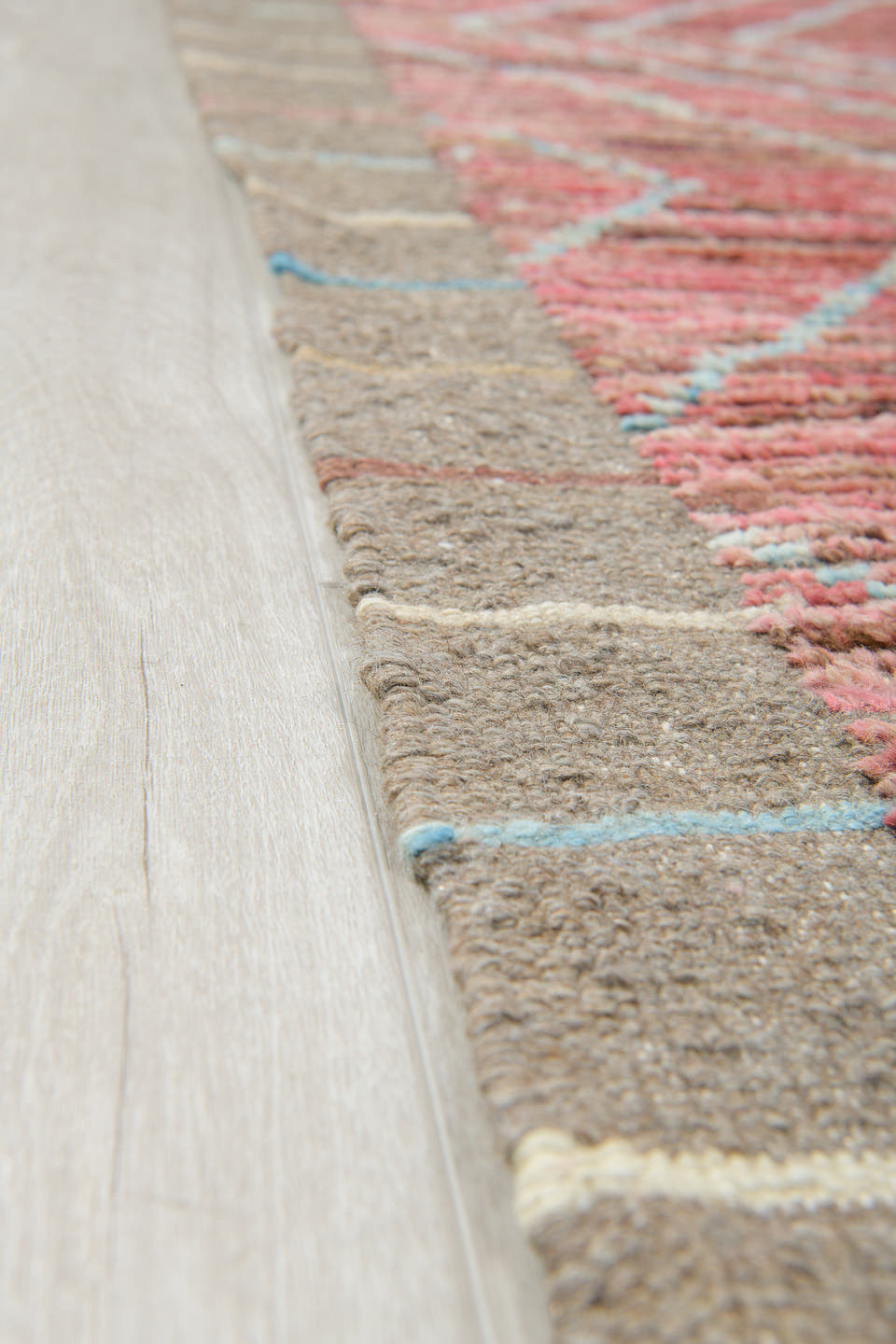 10' x 14' one-of-a-kind handmade vintage Tulu large size rug. Color palette: rose, taupe, pale aqua, dusty coral, brown