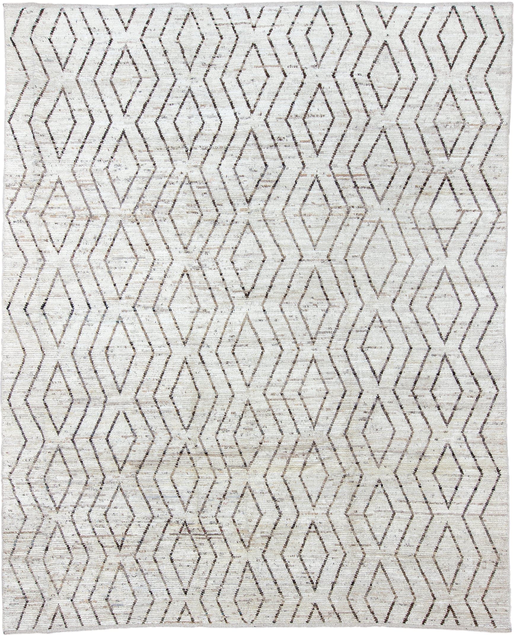 10' x 13' one-of-a-kind handmade vintage Tulu large size rug. Color palette: ivory, taupe, brown, beige, gray