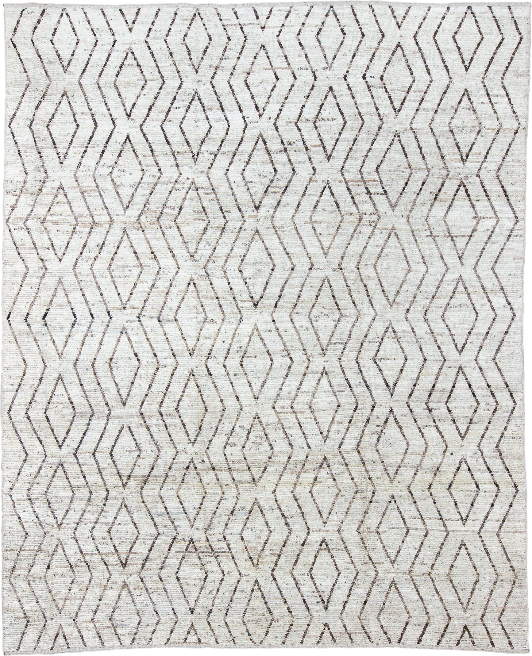 10' x 13' one-of-a-kind handmade vintage Tulu large size rug. Color palette: ivory, taupe, brown, beige, gray