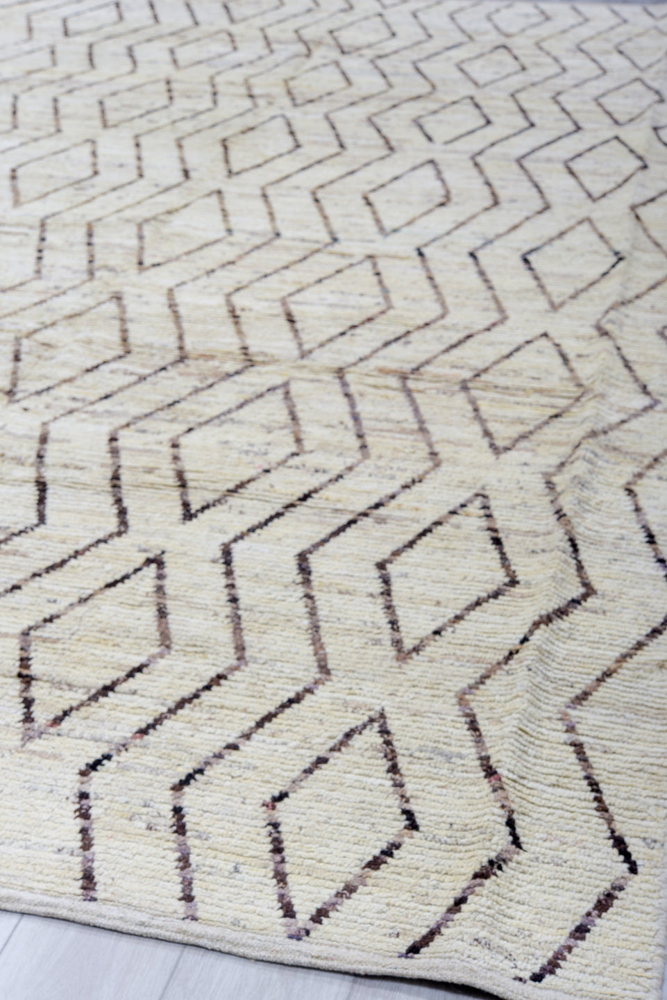 10' x 13' one-of-a-kind handmade vintage Tulu large size rug. Color palette: ivory, taupe, brown, beige, gray