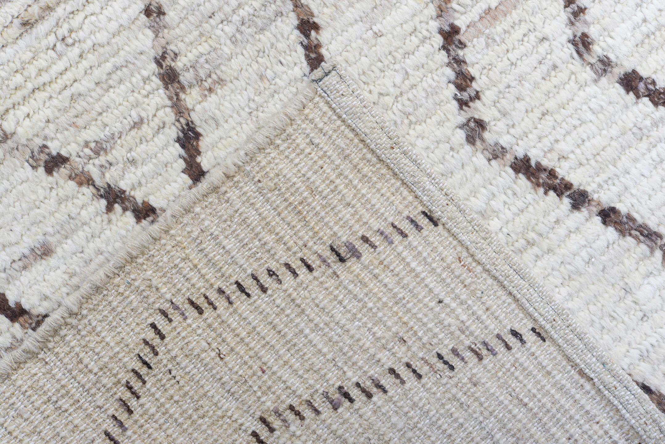 10' x 13' one-of-a-kind handmade vintage Tulu large size rug. Color palette: ivory, taupe, brown, beige, gray