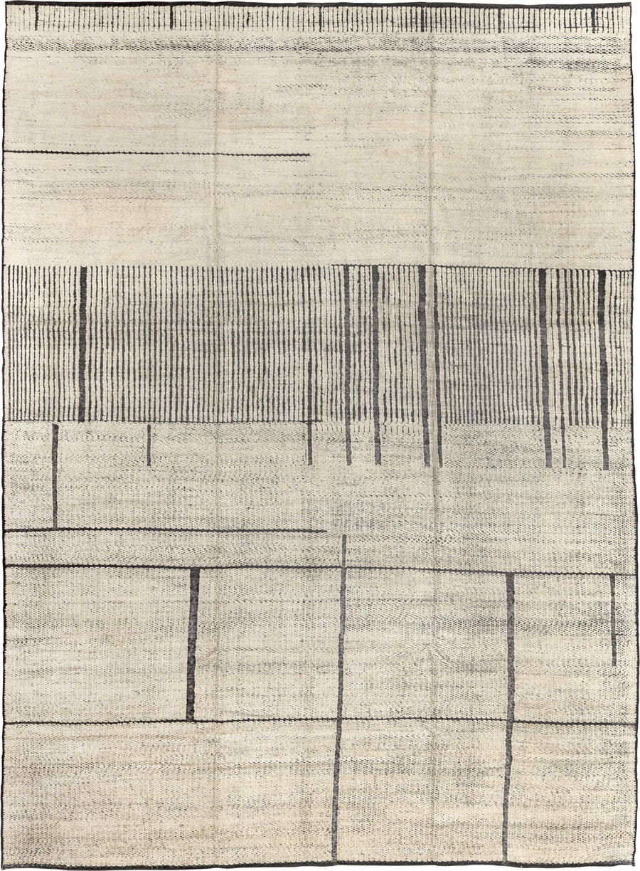 10' x 14' one-of-a-kind handmade vintage Tulu large size rug. Color palette: ivory, charcoal, cream, taupe, slate, black