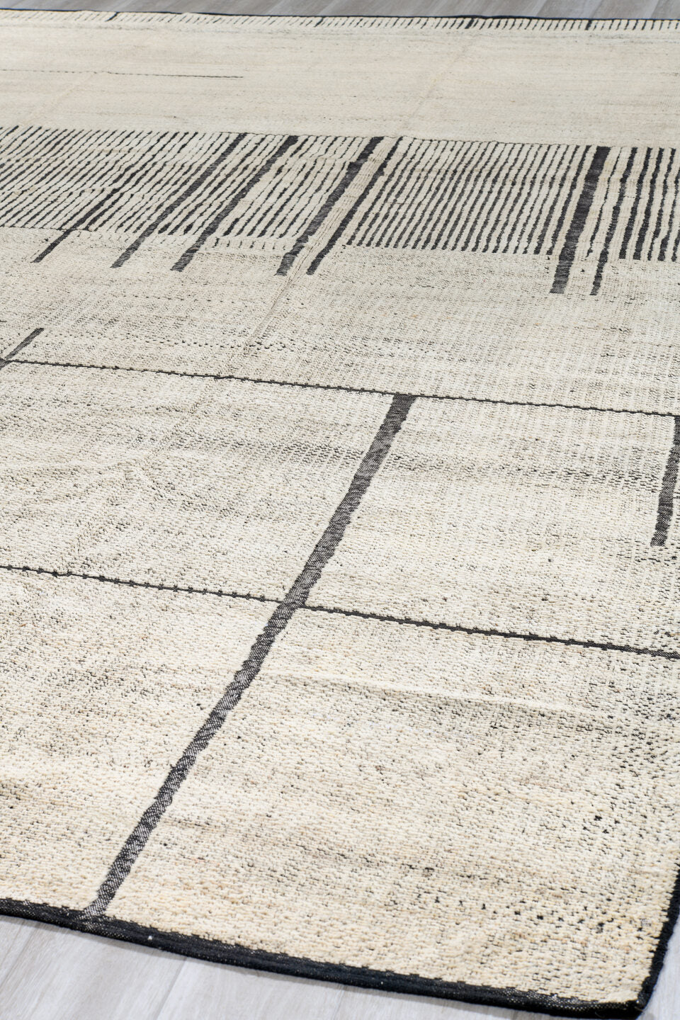 10' x 14' one-of-a-kind handmade vintage Tulu large size rug. Color palette: ivory, charcoal, cream, taupe, slate, black