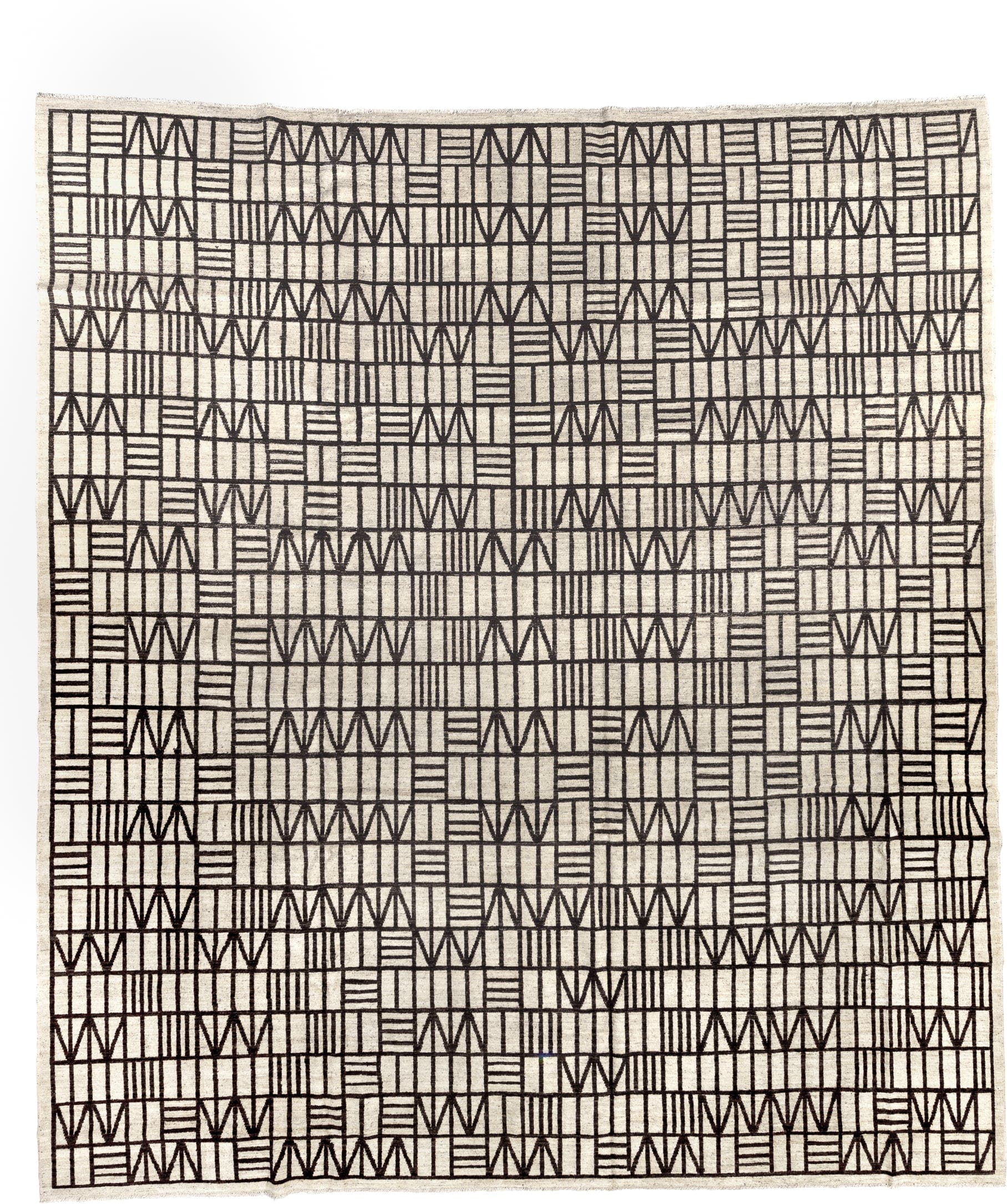 11' x 13' one-of-a-kind handmade vintage Tulu oversize rug. Color palette: ivory, charcoal, gray, black