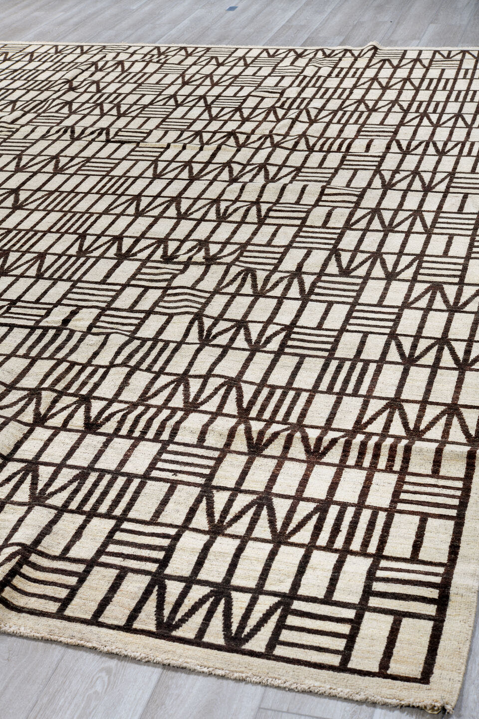 11' x 13' one-of-a-kind handmade vintage Tulu oversize rug. Color palette: ivory, charcoal, gray, black