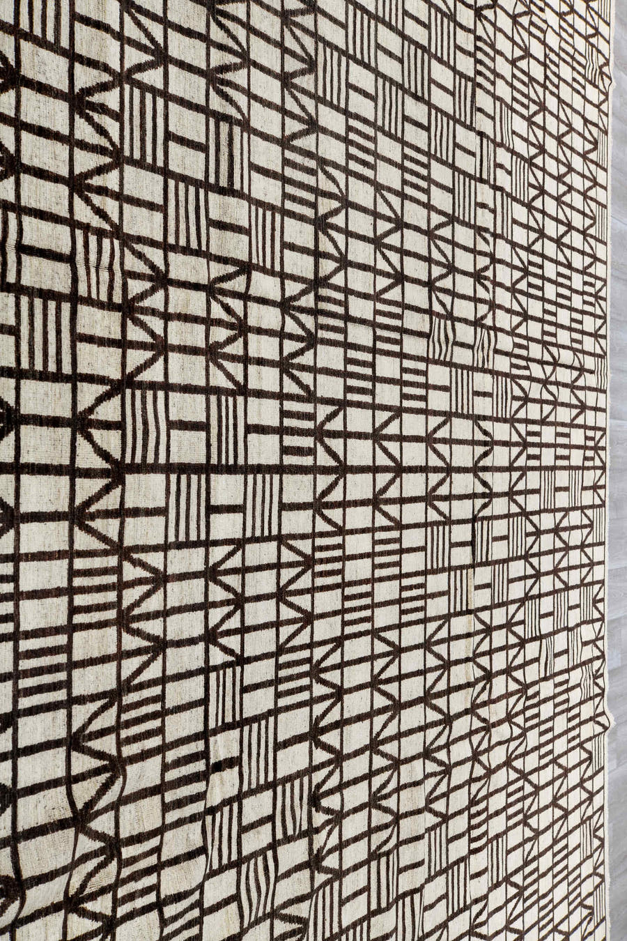 11' x 13' one-of-a-kind handmade vintage Tulu oversize rug. Color palette: ivory, charcoal, gray, black