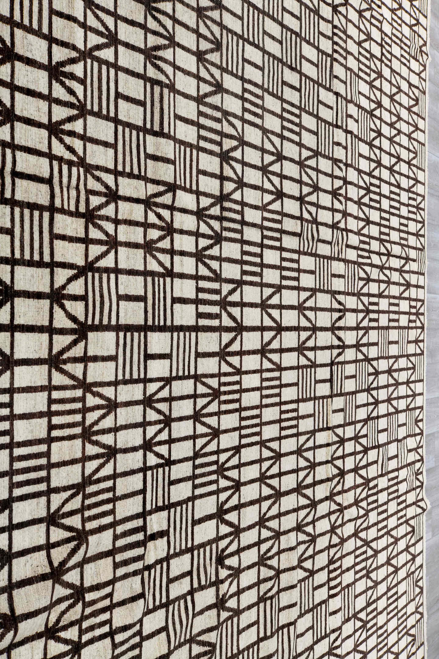 11' x 13' one-of-a-kind handmade vintage Tulu oversize rug. Color palette: ivory, charcoal, gray, black
