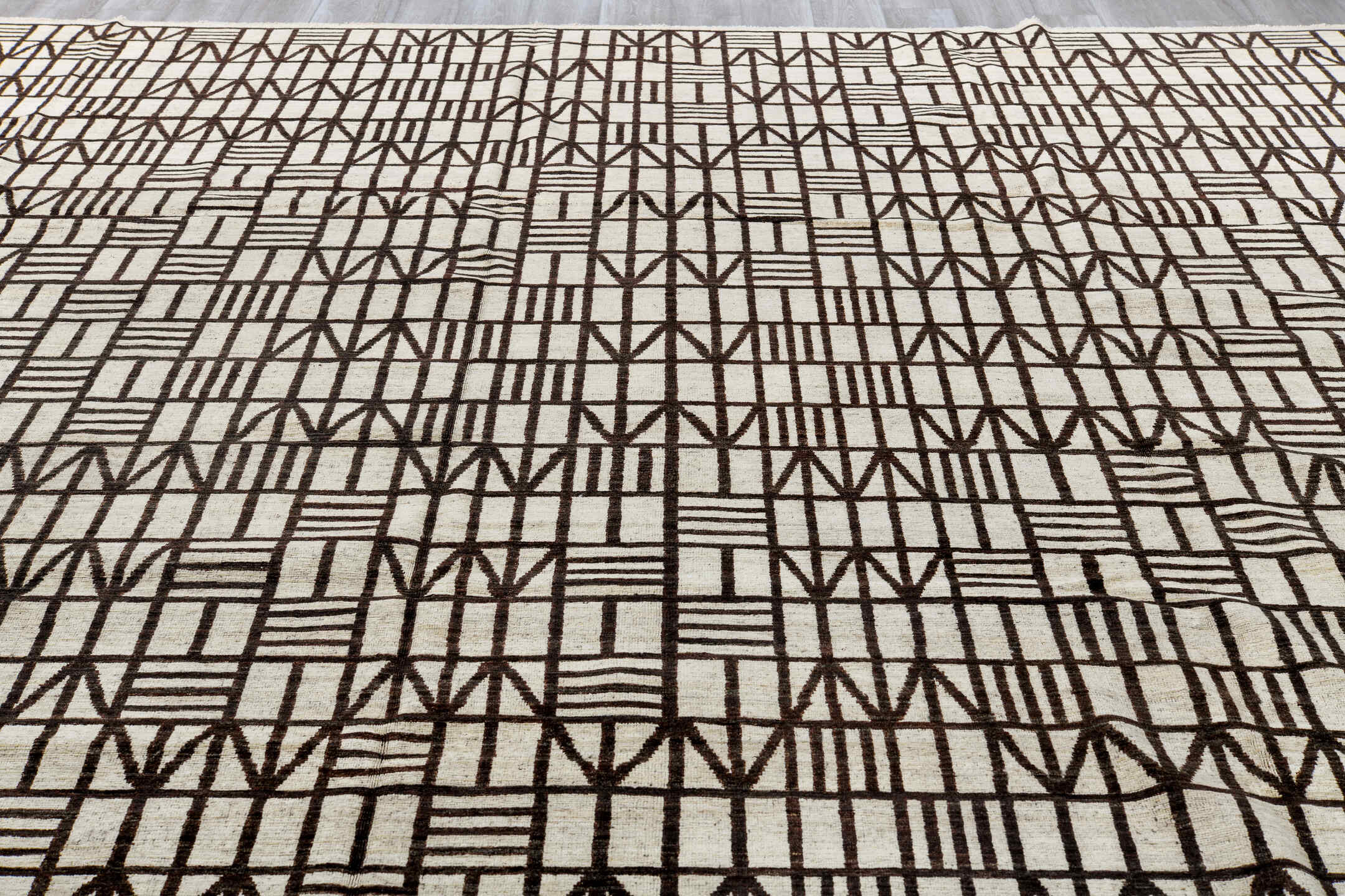 11' x 13' one-of-a-kind handmade vintage Tulu oversize rug. Color palette: black, brown, dark gray, gainsboro, gray