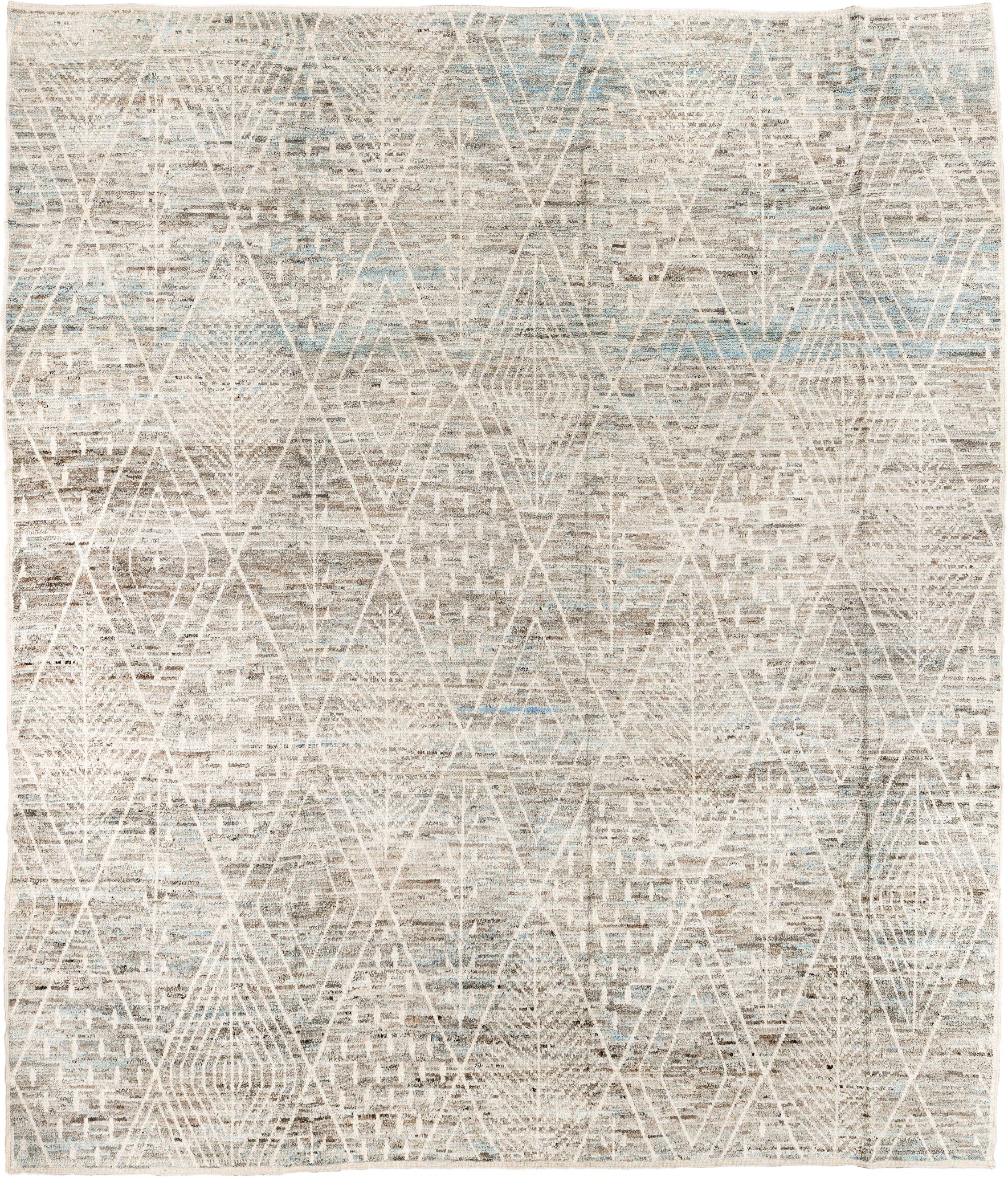 12' x 14' one-of-a-kind handmade vintage Tulu oversize rug. Color palette: ivory, taupe, light blue, beige, gray