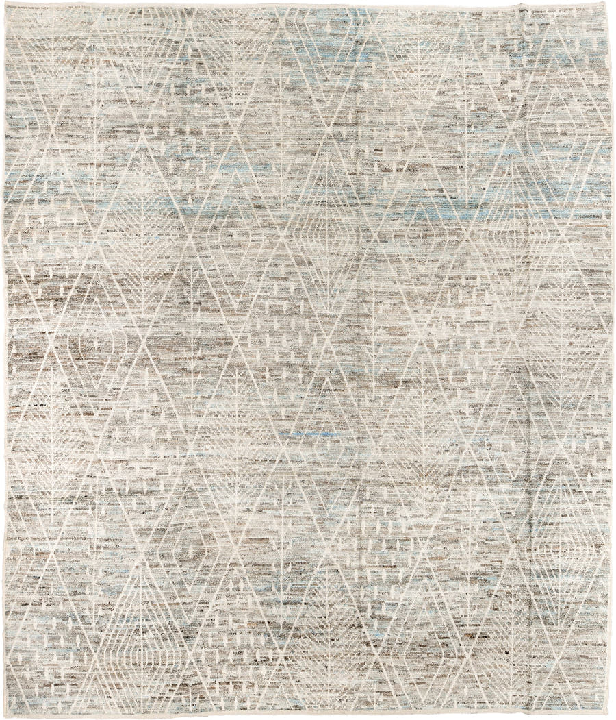 12' x 14' one-of-a-kind handmade vintage Tulu oversize rug. Color palette: ivory, taupe, light blue, beige, gray