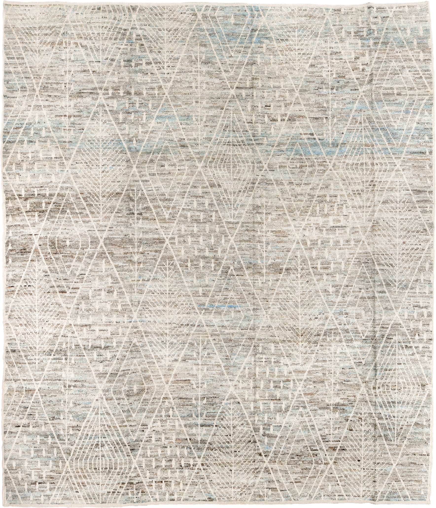 12' x 14' one-of-a-kind handmade vintage Tulu oversize rug. Color palette: ivory, taupe, light blue, beige, gray