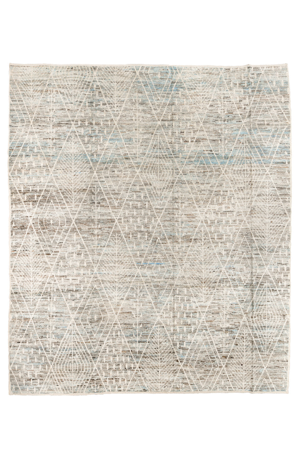 12' x 14' one-of-a-kind handmade vintage Tulu oversize rug. Color palette: dark gray, gainsboro, gray, light gray, linen