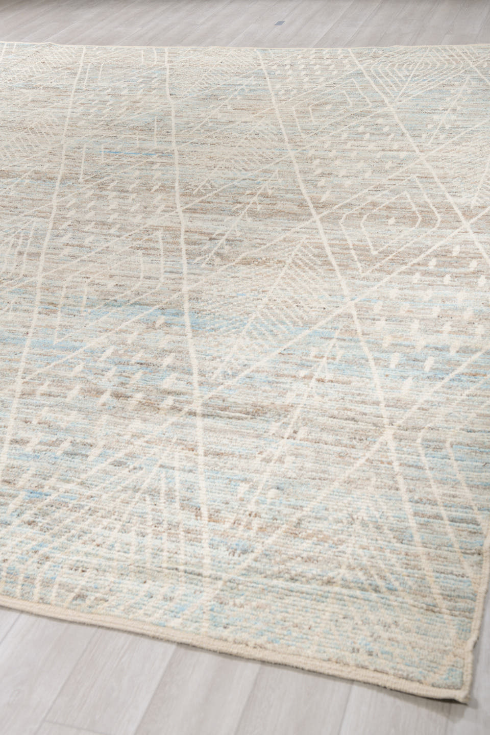12' x 14' one-of-a-kind handmade vintage Tulu oversize rug. Color palette: ivory, taupe, light blue, beige, gray