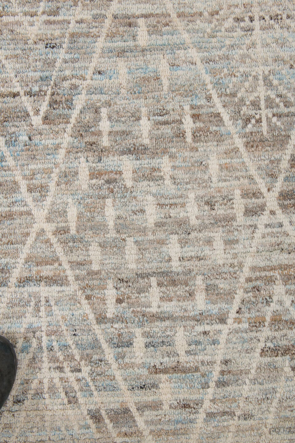 12' x 14' one-of-a-kind handmade vintage Tulu oversize rug. Color palette: ivory, taupe, light blue, beige, gray