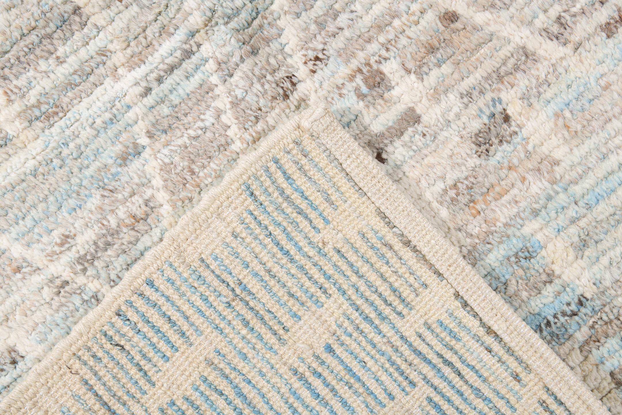 12' x 14' one-of-a-kind handmade vintage Tulu oversize rug. Color palette: ivory, taupe, light blue, beige, gray