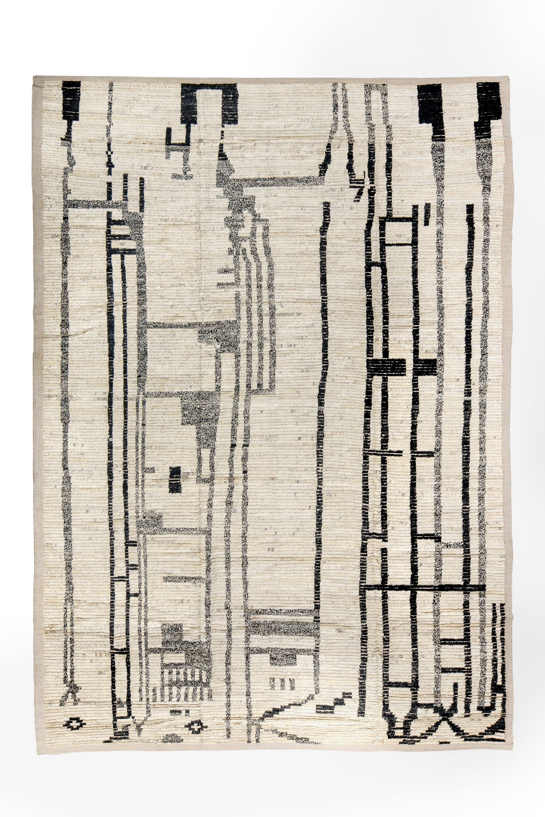 9' x 12' one-of-a-kind handmade vintage Tulu large size rug. Color palette: ivory, black, charcoal, taupe, gray, beige