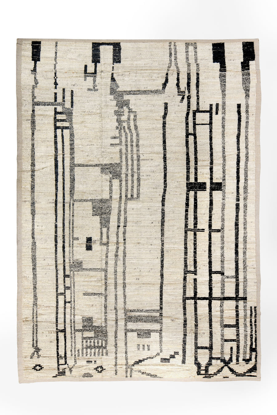 9' x 12' one-of-a-kind handmade vintage Tulu large size rug. Color palette: ivory, black, charcoal, taupe, gray, beige