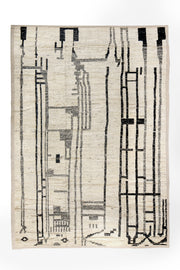 9' x 12' one-of-a-kind handmade vintage Tulu large size rug. Color palette: ivory, black, charcoal, taupe, gray, beige