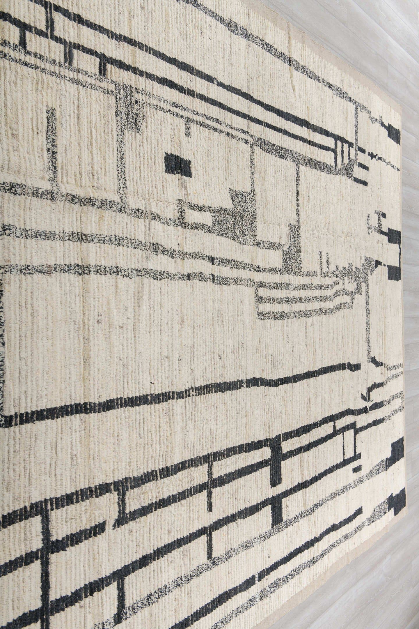 9' x 12' one-of-a-kind handmade vintage Tulu large size rug. Color palette: ivory, black, charcoal, taupe, gray, beige