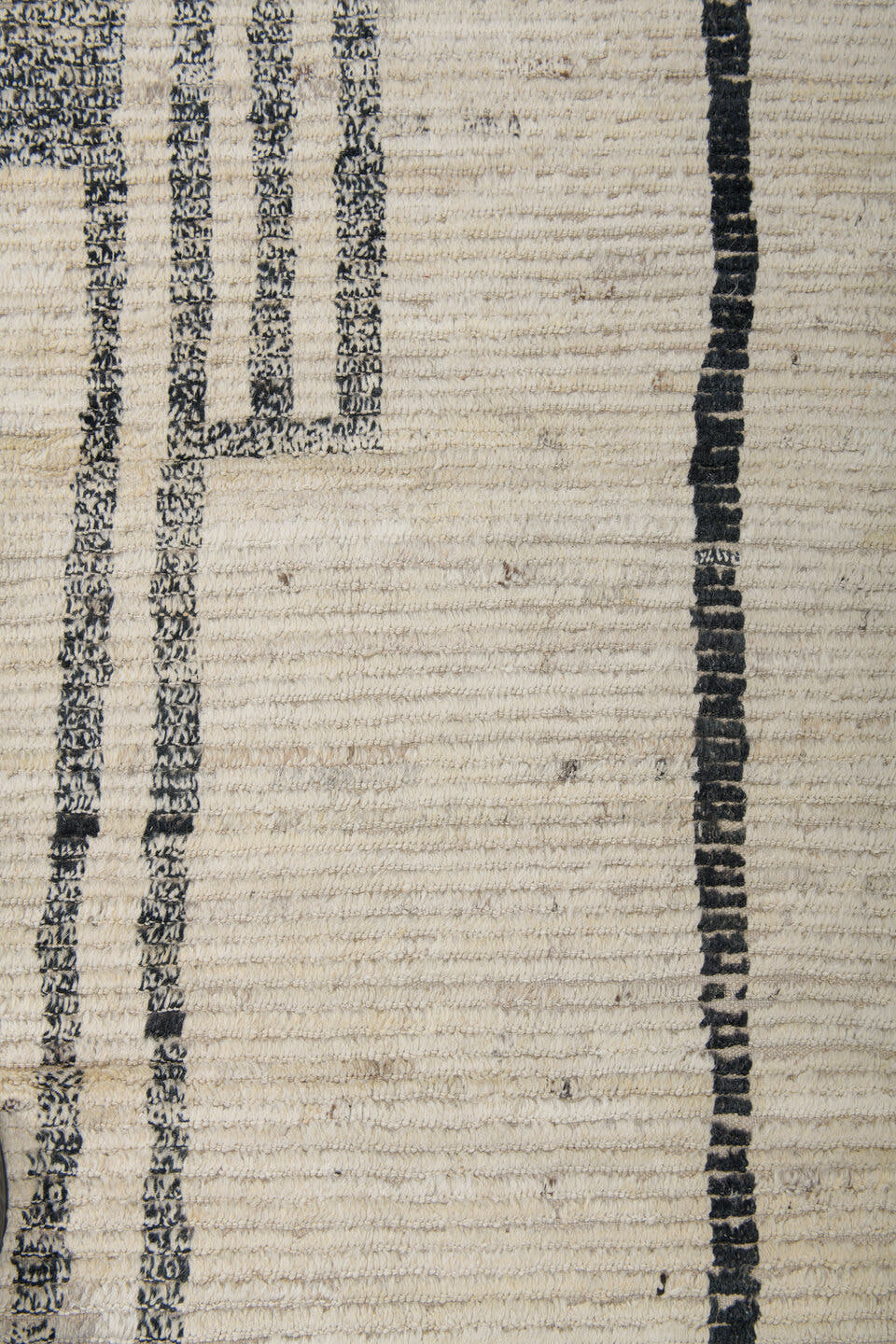 9' x 12' one-of-a-kind handmade vintage Tulu large size rug. Color palette: ivory, black, charcoal, taupe, gray, beige