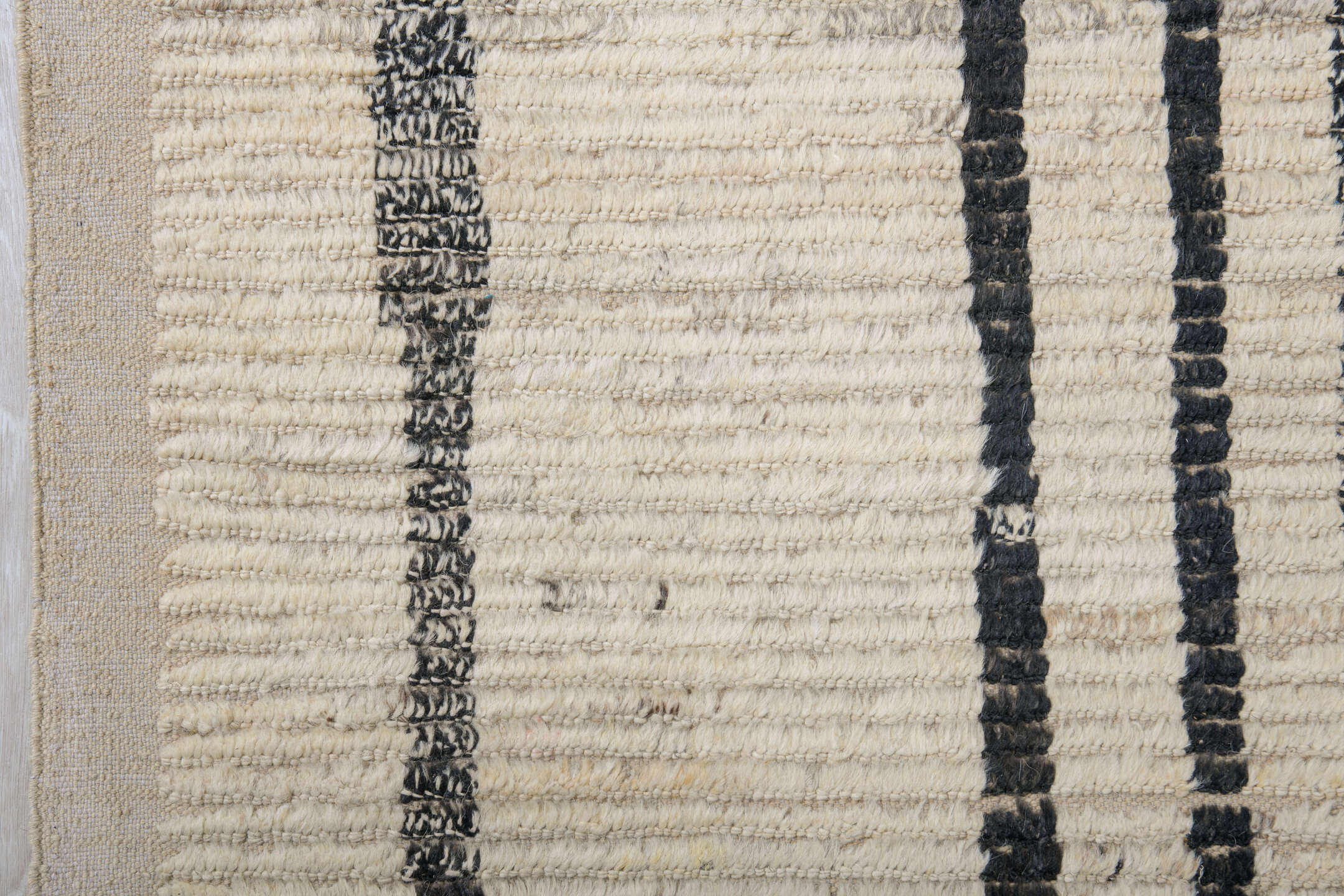 9' x 12' one-of-a-kind handmade vintage Tulu large size rug. Color palette: ivory, black, charcoal, taupe, gray, beige