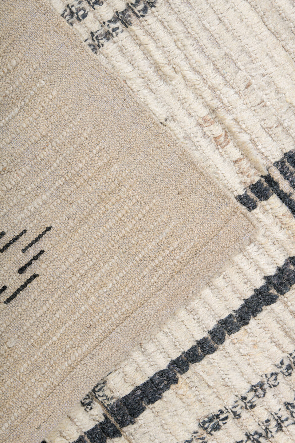 9' x 12' one-of-a-kind handmade vintage Tulu large size rug. Color palette: ivory, black, charcoal, taupe, gray, beige